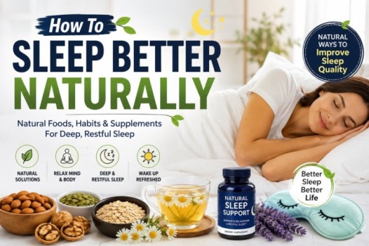 A bright and calming feature image showing natural foods, healthy bedtime habits, and sleep support tips that may help improve sleep quality and support how to sleep better naturally.