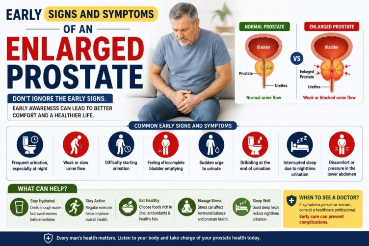 Infographic showing early signs and symptoms of enlarged prostate including frequent urination, weak urine flow, bladder discomfort, and nighttime urination problems.