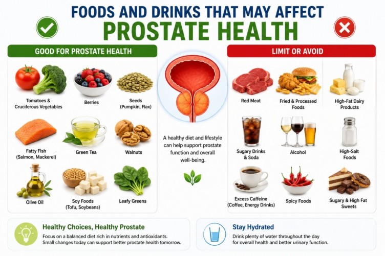 Infographic showing foods and drinks that may help or worsen enlarged prostate symptoms, including healthy foods, caffeine, alcohol, processed foods, and hydration tips.