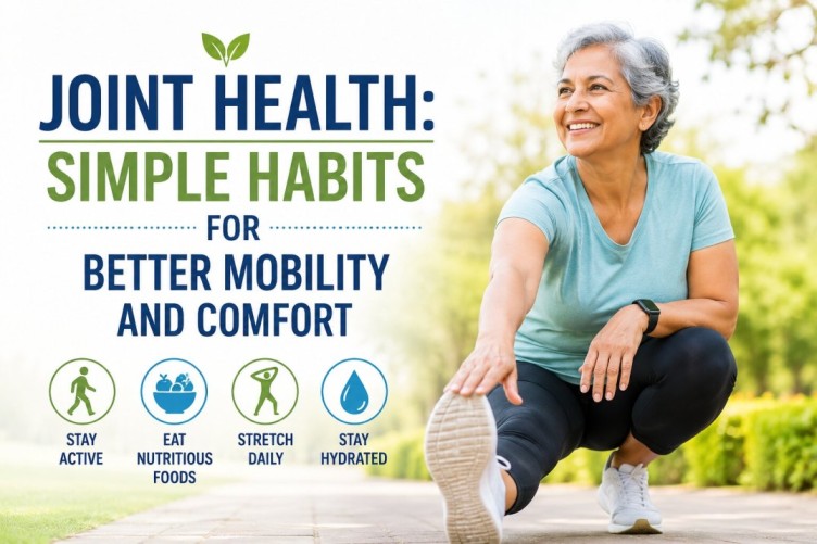 Joint Health image showing healthy daily habits for better mobility, flexibility, and joint comfort with stretching, hydration, and active lifestyle tips.