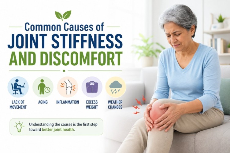 Joint Health image showing common causes of joint stiffness and discomfort, including aging, lack of movement, excess weight, inflammation, and lifestyle habits.