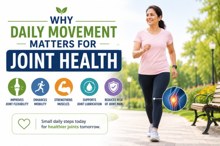 Joint Health image showing the importance of daily movement, walking, and mobility exercises to support flexibility, healthy joints, and overall joint comfort.