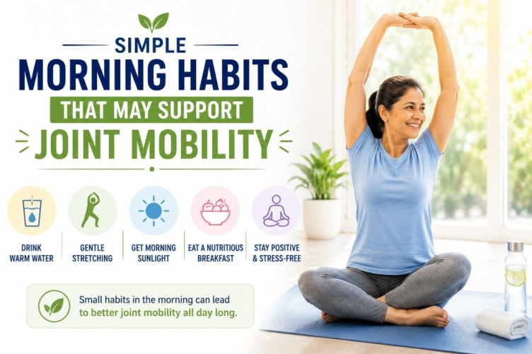 Joint Health image showing simple morning habits like stretching, hydration, sunlight, and healthy routines that may support better joint mobility and flexibility.