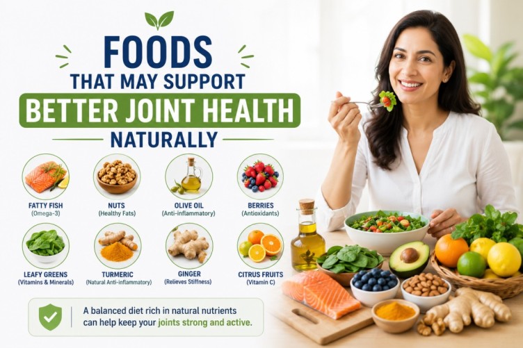 Joint Health image showing healthy foods like fish, nuts, berries, leafy greens, and olive oil that may support better joint mobility, flexibility, and overall wellness naturally.