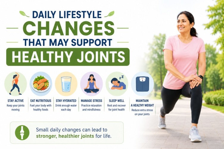Joint Health image showing daily lifestyle changes like exercise, healthy eating, hydration, sleep, and stress management that may support healthy joints and better mobility.