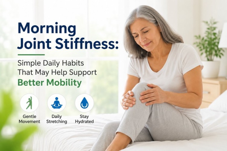 Morning joint stiffness image showing simple daily habits like stretching, hydration, and gentle movement that may help support better mobility and joint comfort naturally.