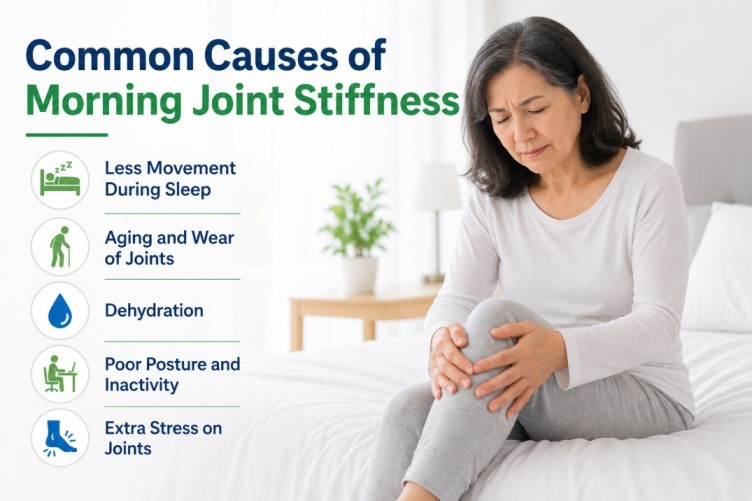 Morning joint stiffness image showing common causes like aging, dehydration, poor posture, inactivity, and reduced movement during sleep that may affect joint comfort and mobility.
