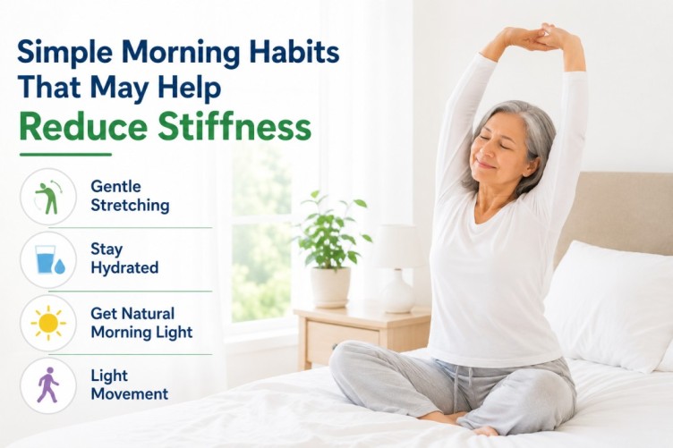 Morning joint stiffness image showing simple morning habits like stretching, hydration, sunlight, and light movement that may help support better mobility and reduce stiffness naturally.