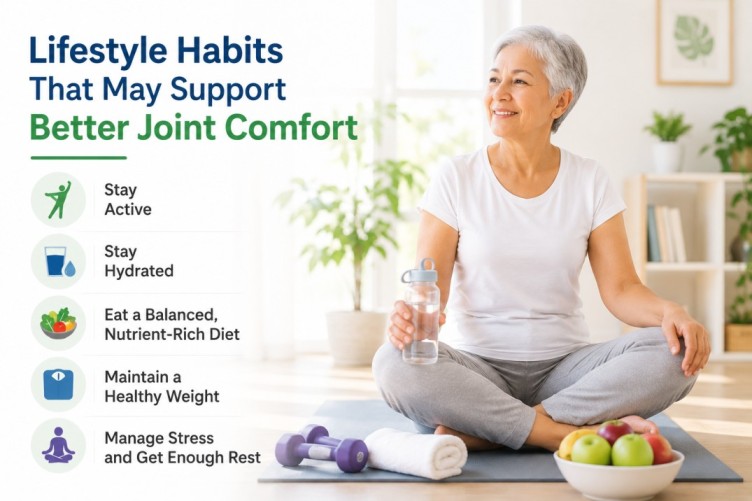 Morning joint stiffness image showing healthy lifestyle habits like hydration, balanced nutrition, movement, stress management, and healthy routines that may support better joint comfort naturally.