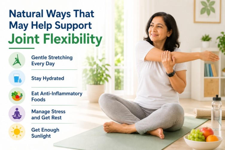 Morning joint stiffness image showing natural habits like stretching, hydration, healthy foods, sunlight, and relaxation that may help support joint flexibility and daily comfort naturally.