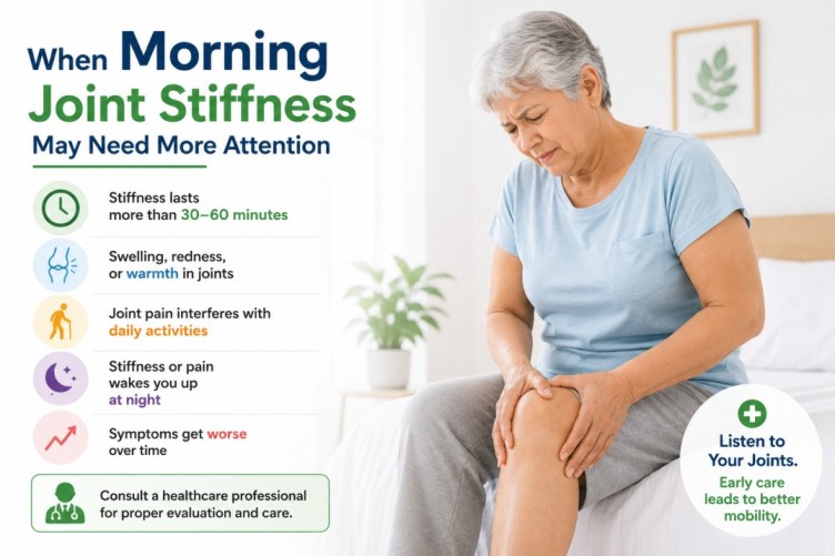 Morning joint stiffness image showing warning signs like prolonged stiffness, swelling, discomfort, and reduced mobility that may indicate the need for additional attention and healthy joint care.