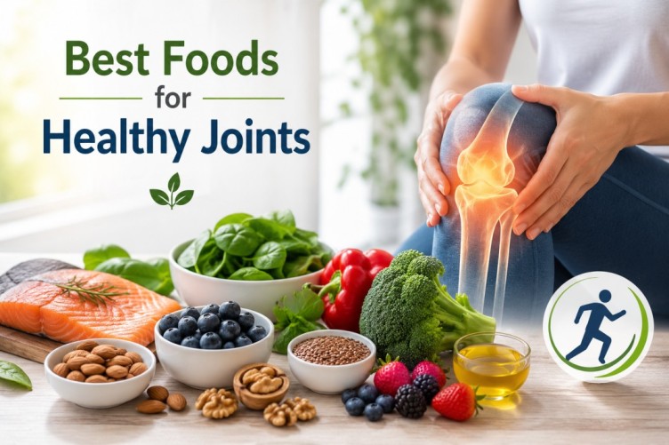 Fresh healthy foods including salmon, berries, nuts, broccoli, and leafy greens displayed for best foods for healthy joints and natural mobility support.