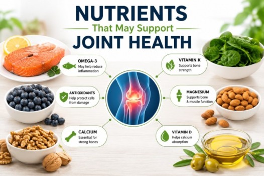 Best foods for healthy joints image showing nutrient-rich foods like salmon, nuts, berries, leafy greens, and seeds that may support joint mobility, flexibility, and overall wellness naturally.