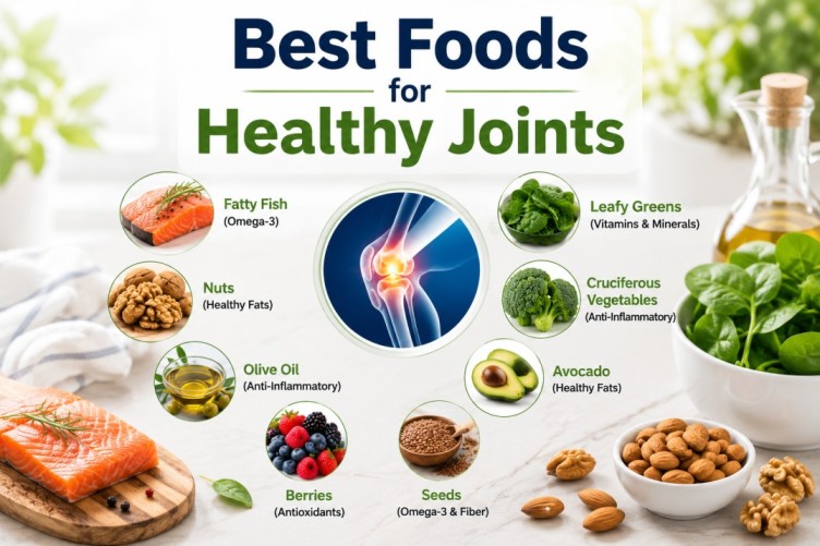 Best foods for healthy joints image featuring salmon, nuts, berries, seeds, leafy greens, and healthy oils that may support flexibility, mobility, and overall joint wellness naturally.