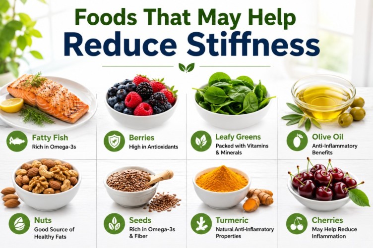 Best foods for healthy joints image featuring salmon, berries, leafy greens, olive oil, nuts, turmeric, and seeds that may help support flexibility, mobility, and reduced stiffness naturally.