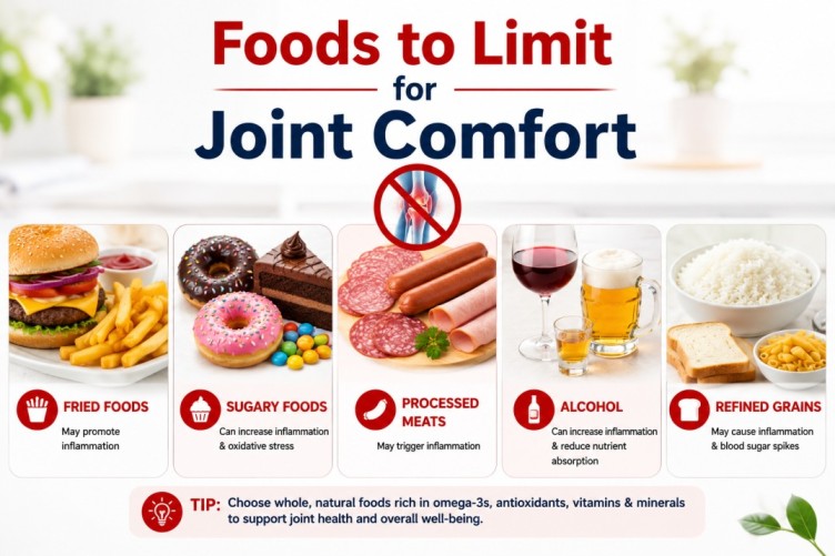 Best foods for healthy joints image showing healthy nutrition choices alongside processed foods to limit for better joint comfort, mobility, and overall wellness naturally.