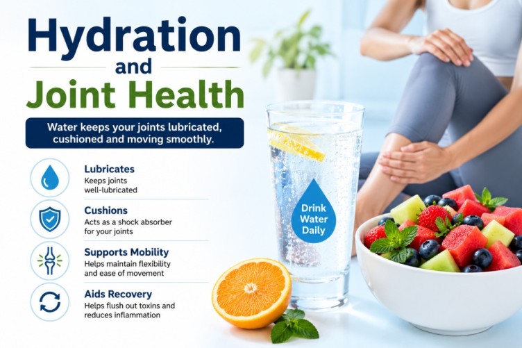 Best foods for healthy joints image showing water, fresh fruits, vegetables, and healthy hydration habits that may support joint mobility, flexibility, and overall wellness naturally.