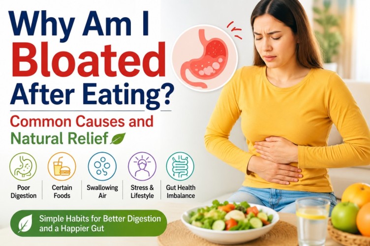 Woman experiencing stomach discomfort after a meal with infographic explaining why am I bloated after eating, including common digestive causes and natural relief tips.