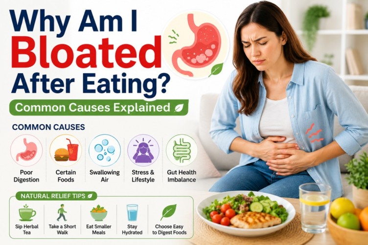 Infographic showing why am I bloated after eating, including common causes of bloating, poor digestion, gut health imbalance, and natural digestive relief tips.