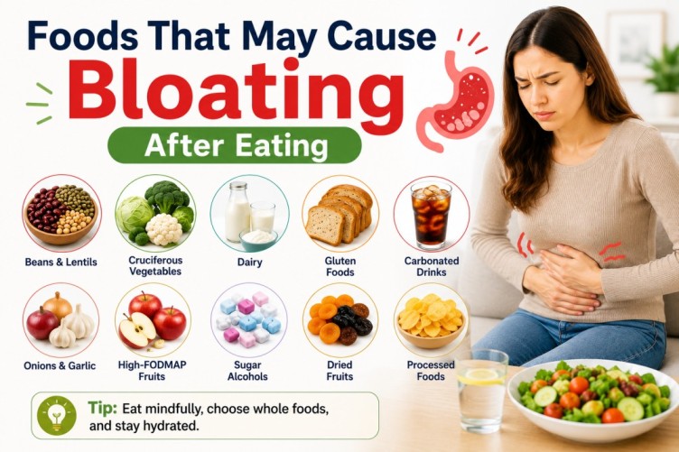 Infographic showing why am I bloated after eating, including common foods that may trigger bloating, gas, stomach fullness, and digestive discomfort after meals.