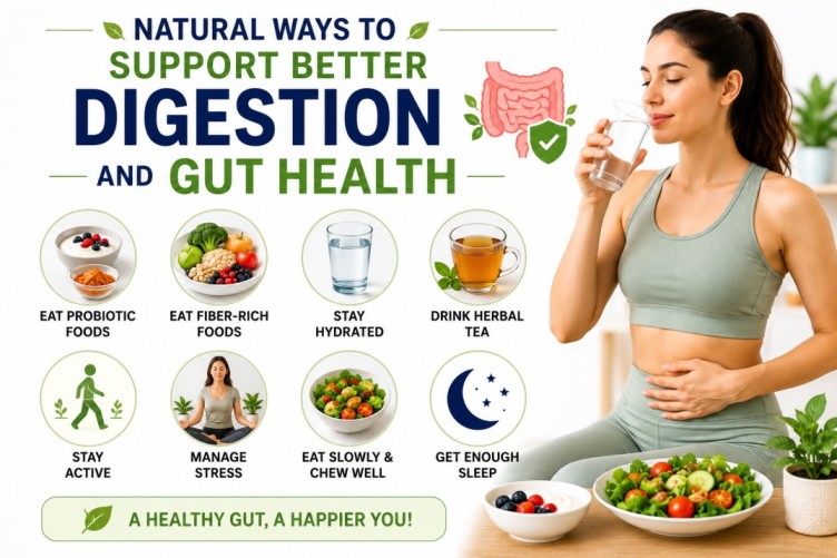 Infographic explaining why am I bloated after eating, featuring natural ways to support better digestion and gut health through healthy food choices, hydration, stress management, and daily habits.