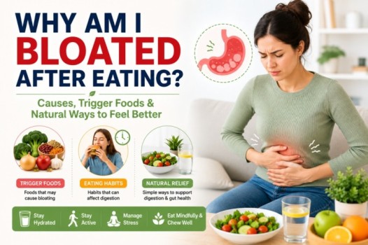 Feature image explaining why am I bloated after eating, showing common causes of bloating, trigger foods, eating habits, and natural ways to support digestion and gut health.
