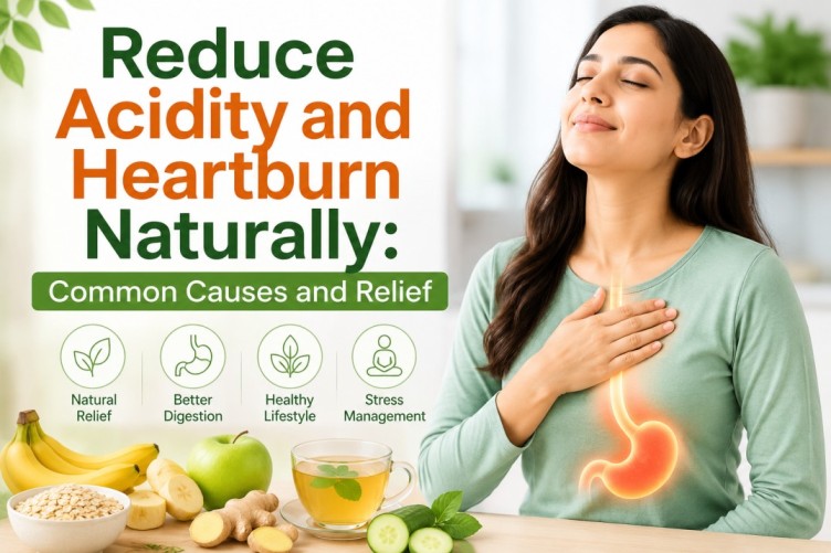 Woman experiencing acidity and heartburn with infographic about reduce acidity and heartburn naturally, featuring healthy foods, digestion support, and lifestyle habits for better gut health.