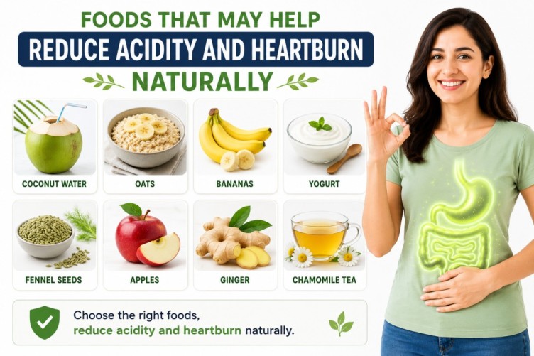 Infographic about reduce acidity and heartburn naturally, featuring foods like oats, bananas, yogurt, ginger, apples, and herbal tea that may support digestion and help reduce acid reflux and stomach discomfort naturally.