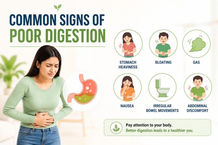 Infographic about signs of poor digestion showing common symptoms like bloating, gas, nausea, stomach heaviness, abdominal discomfort, and irregular bowel movements related to digestive health and gut health.