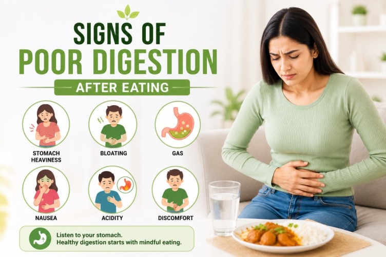 Infographic about signs of poor digestion after eating, showing symptoms like bloating, gas, acidity, nausea, stomach heaviness, and digestive discomfort related to gut health and digestion problems.