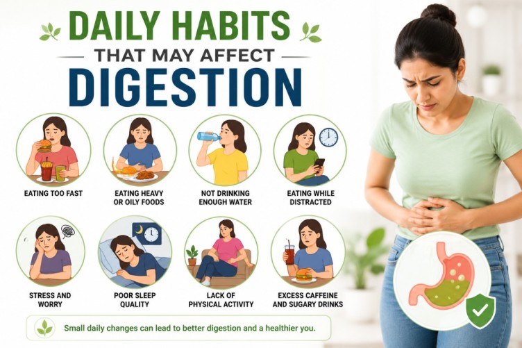 Infographic about signs of poor digestion showing daily habits that may affect digestion, including eating too fast, poor sleep, stress, oily foods, low water intake, and unhealthy lifestyle habits related to digestive health.