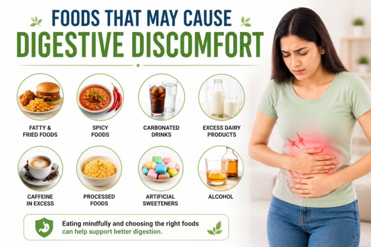 Infographic about signs of poor digestion showing foods that may cause digestive discomfort, including fried foods, spicy foods, carbonated drinks, processed foods, caffeine, dairy products, and artificial sweeteners affecting digestive health.