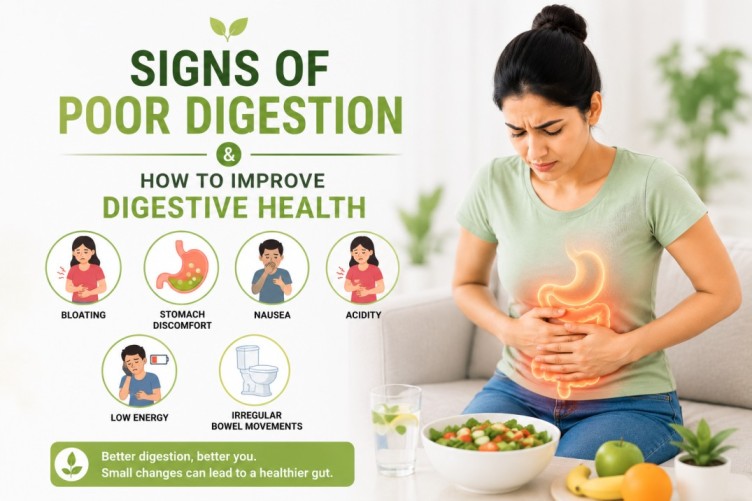 Feature image about signs of poor digestion showing symptoms like bloating, acidity, nausea, stomach discomfort, low energy, and irregular bowel movements alongside healthy foods and digestive health support.