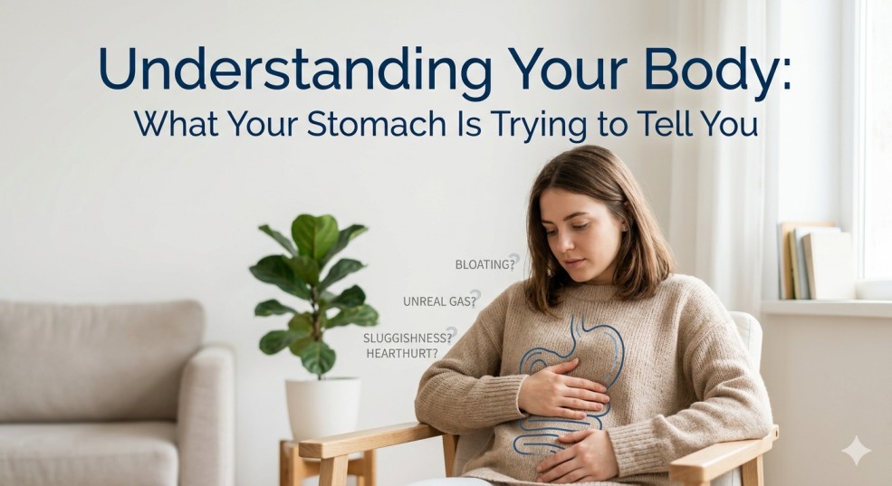 A woman in a light room sitting in a chair, thoughtfully holding her stomach with her hands, experiencing symptoms like bloating, gas, and sluggishness, while a title text says "Understanding Your Body: What Your Stomach Is Trying to Tell You", highlighting the need to seek the best natural foods for digestion.