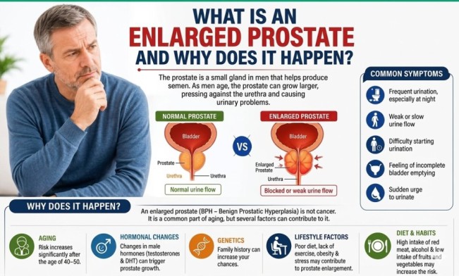 An informative medical infographic explaining what is an enlarged prostate, showing a diagram comparison of normal vs blocked urine flow, common symptoms, and causes like aging and lifestyle factors