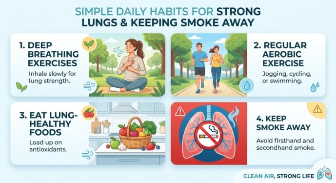 A 4-panel health infographic titled "Your Complete Guide to How to Detox Lungs Naturally," showcasing daily habits like deep breathing exercises, regular aerobic exercise, eating lung-healthy foods, and keeping smoke away.