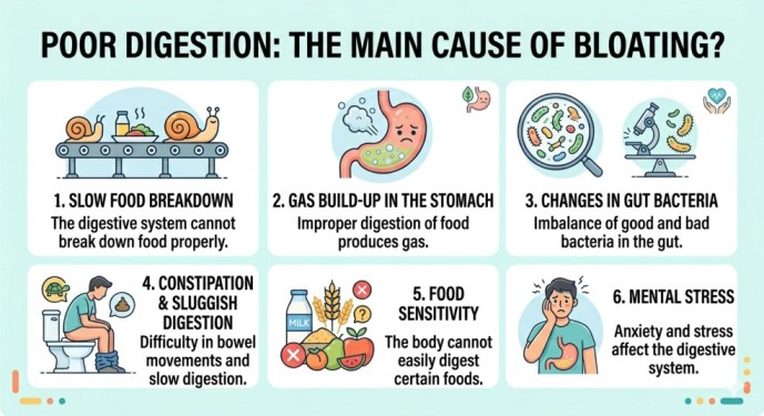 An infographic explaining 'why am I bloated after eating' with six clear sections: slow food breakdown, gas build-up, gut bacteria changes, constipation, food sensitivity, and mental stress on a light background.