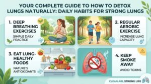 A comprehensive infographic detailing four daily habits to naturally detox lungs, including deep breathing exercises, regular aerobic exercise like running, eating lung-healthy foods, and avoiding smoke.