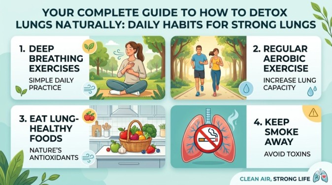 A comprehensive infographic detailing four daily habits to naturally detox lungs, including deep breathing exercises, regular aerobic exercise like running, eating lung-healthy foods, and avoiding smoke.