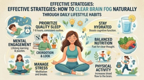 A comprehensive infographic displaying lifestyle strategies on how to clear brain fog naturally, including quality sleep, hydration, nutrition, and physical activity.