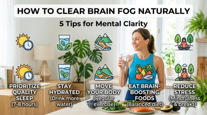 A bright and clean infographic showing 5 natural tips on how to clear brain fog naturally, including sleep, hydration, exercise, healthy diet, and stress management.