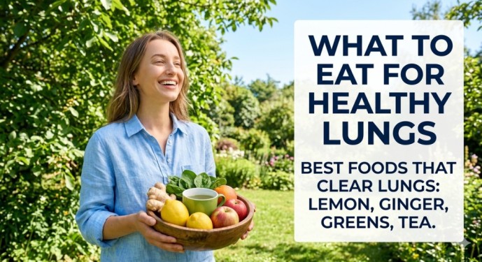 A happy woman holding a bowl of healthy foods like lemon, ginger, and green tea, explaining how to detox lungs naturally through a clean and nutritious diet.