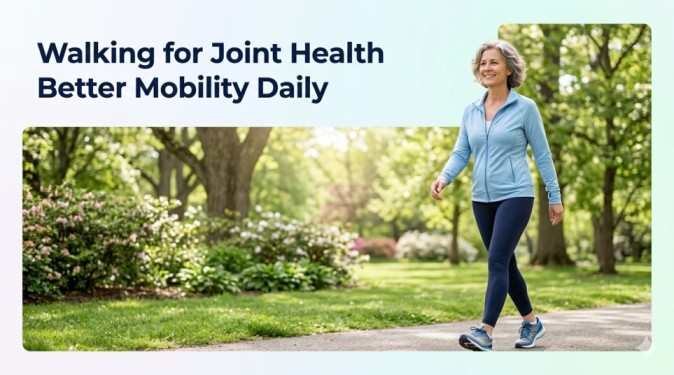 A professional feature image for a blog post about walking for joint health, featuring a smiling older adult woman walking briskly on a park path surrounded by green trees, with clear text overlay reading 'Walking for Joint Health Better Mobility Daily' on a light green background.
