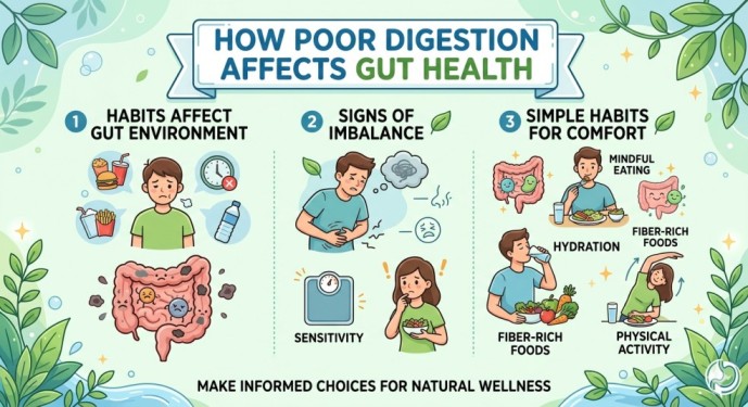An informative infographic explaining how bad habits lead to signs of poor digestion and affect gut health, showing illustrations of stomach imbalance, food sensitivity, and natural recovery habits like hydration and mindful eating.