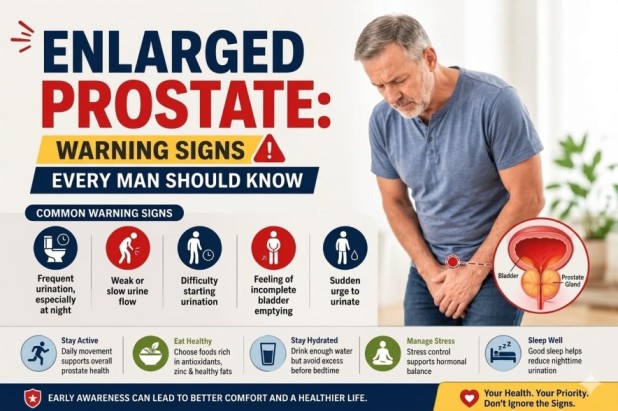 Infographic showing early signs and symptoms of enlarged prostate including frequent urination, weak urine flow, bladder discomfort, and nighttime urination problems.
