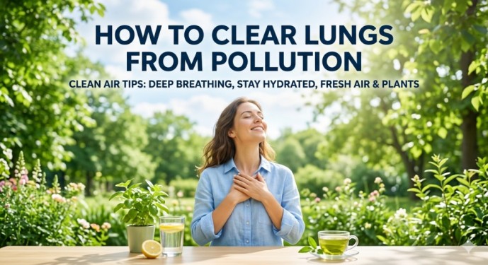 A happy woman in a natural green environment with graphic icons and text tips for natural lung cleansing, hydration, fresh air, and breathing exercises.