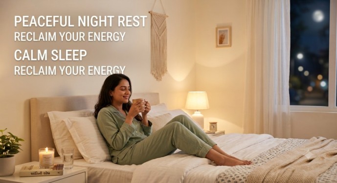A peaceful portrait of a woman embracing a relaxing bedtime routine for sleep, sitting in a cozy bed, holding a warm mug, and surrounded by warm, dim lighting.