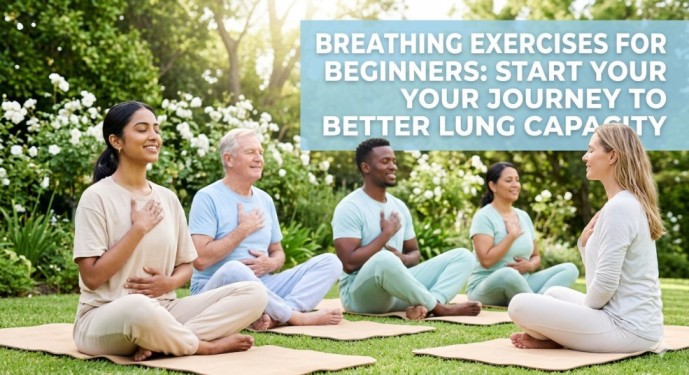 A group of people practicing deep breathing exercises to learn how to detox lungs naturally and improve lung capacity in a green park.