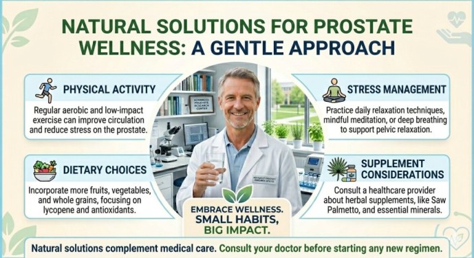 An infographic detailing natural solutions for prostate wellness and a gentle approach to manage an enlarged prostate with diet, exercise, and hydration.
