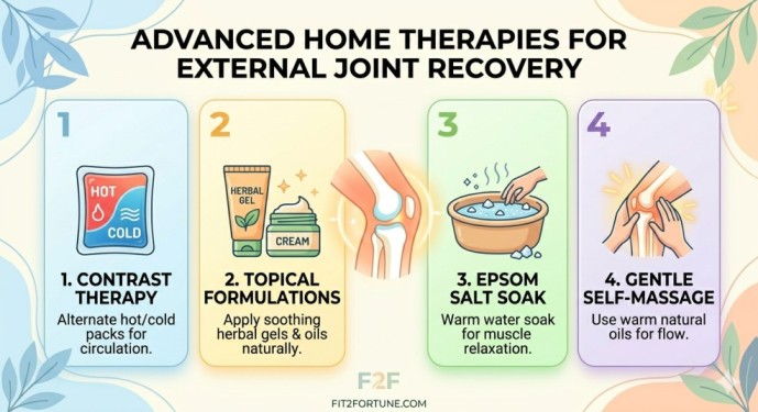 An attractive and modern infographic detailing four advanced home therapies to manage joint stiffness after 40 naturally. The image features a clean, light cream background with distinct vector icons. All text is in clear black font, outlining external recovery methods: 1. Contrast Therapy (alternating hot and cold packs for circulation), 2. Topical Formulations (applying soothing herbal gels/creams/oils naturally), 3. Epsom Salt Soak (warm water therapy for muscle relaxation), and 4. Gentle Self-Massage (using warm natural oils to improve blood flow). The central illustration shows a human joint glowing with soft therapeutic energy, supported by stylized leaves. The title 'ADVANCED HOME THERAPIES FOR EXTERNAL JOINT RECOVERY' is at the top, and the fit2fortune.com URL is at the bottom.
